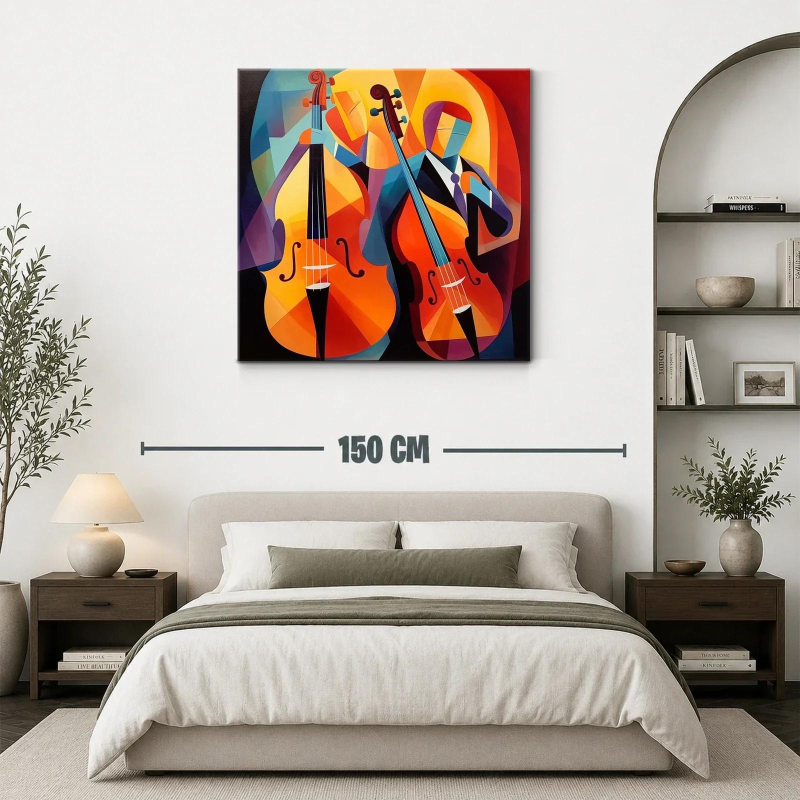 Cuadro vibrante con músicos y violonchelos en tonos cálidos — miniatura 3