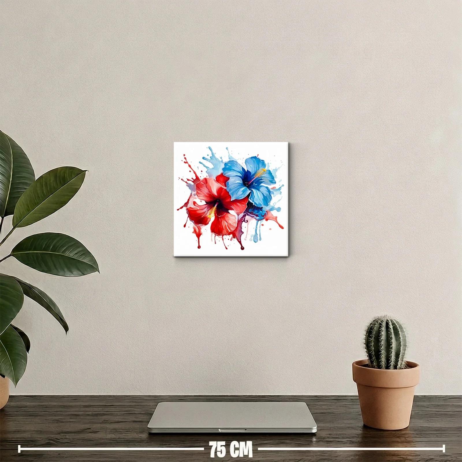 Cuadro moderno de flores hibisco en tonos rojo y azul — miniatura 2