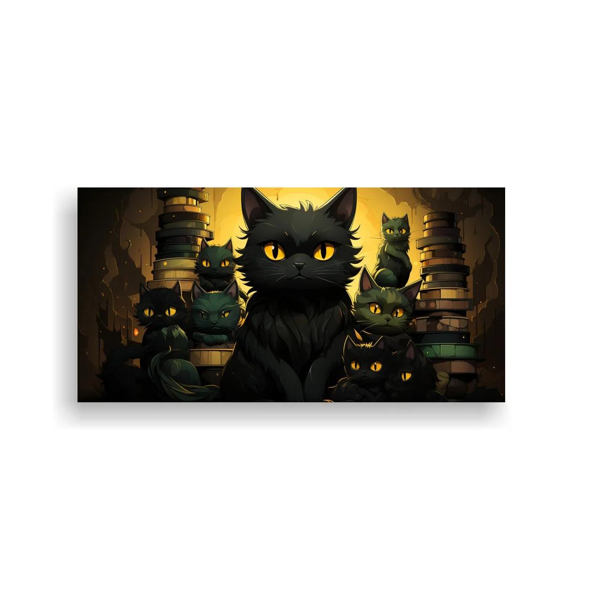 Cuadro gato negro de ojos amarillos entre libros — imagen principal