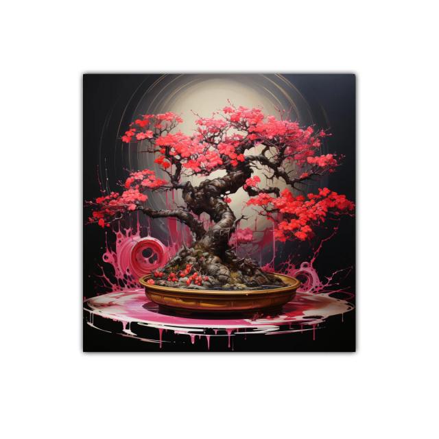 Árbol bonsái con vibrantes hojas rojas iluminado en círculo