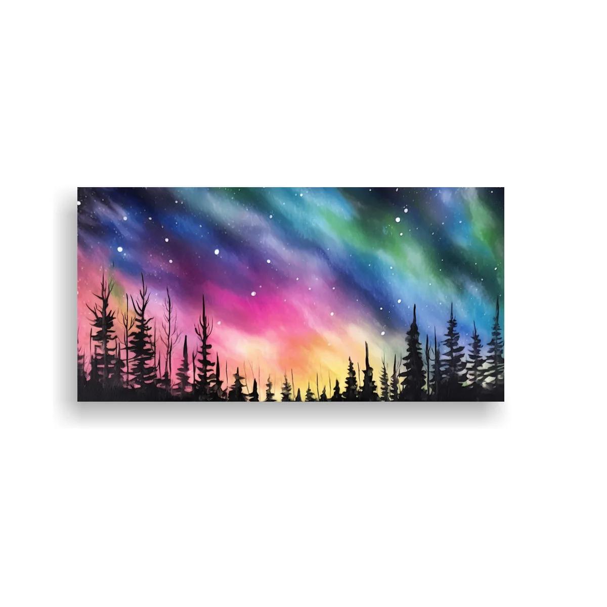 Cuadro aurora boreal sobre bosque de pinos con cielo panorámico