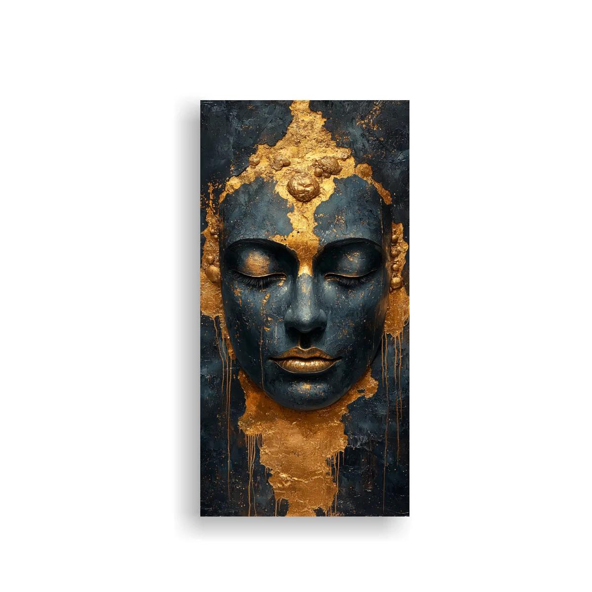 Cuadro rostro de Buda con halo dorado y chorreados metálicos