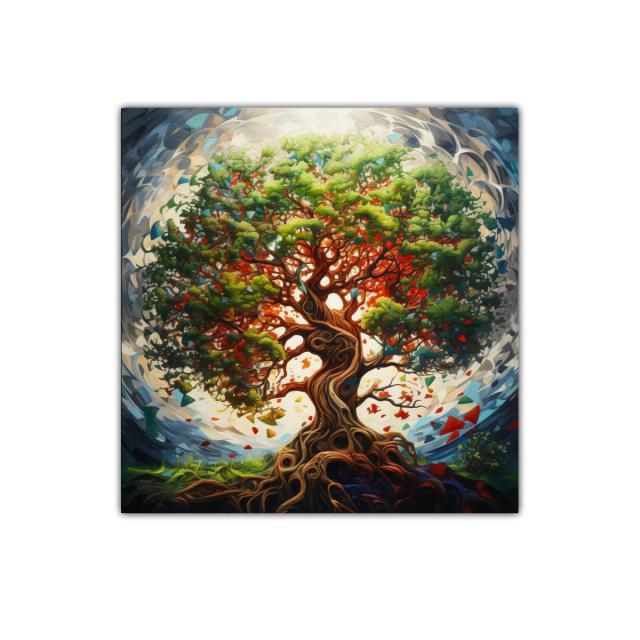 Árbol vibrante con raíces entrelazadas y follaje colorido