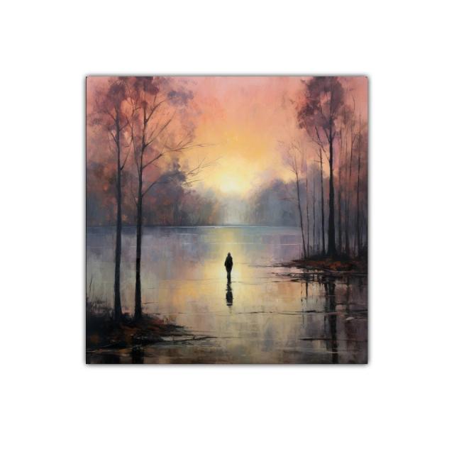 Paisaje sereno al amanecer con figura solitaria