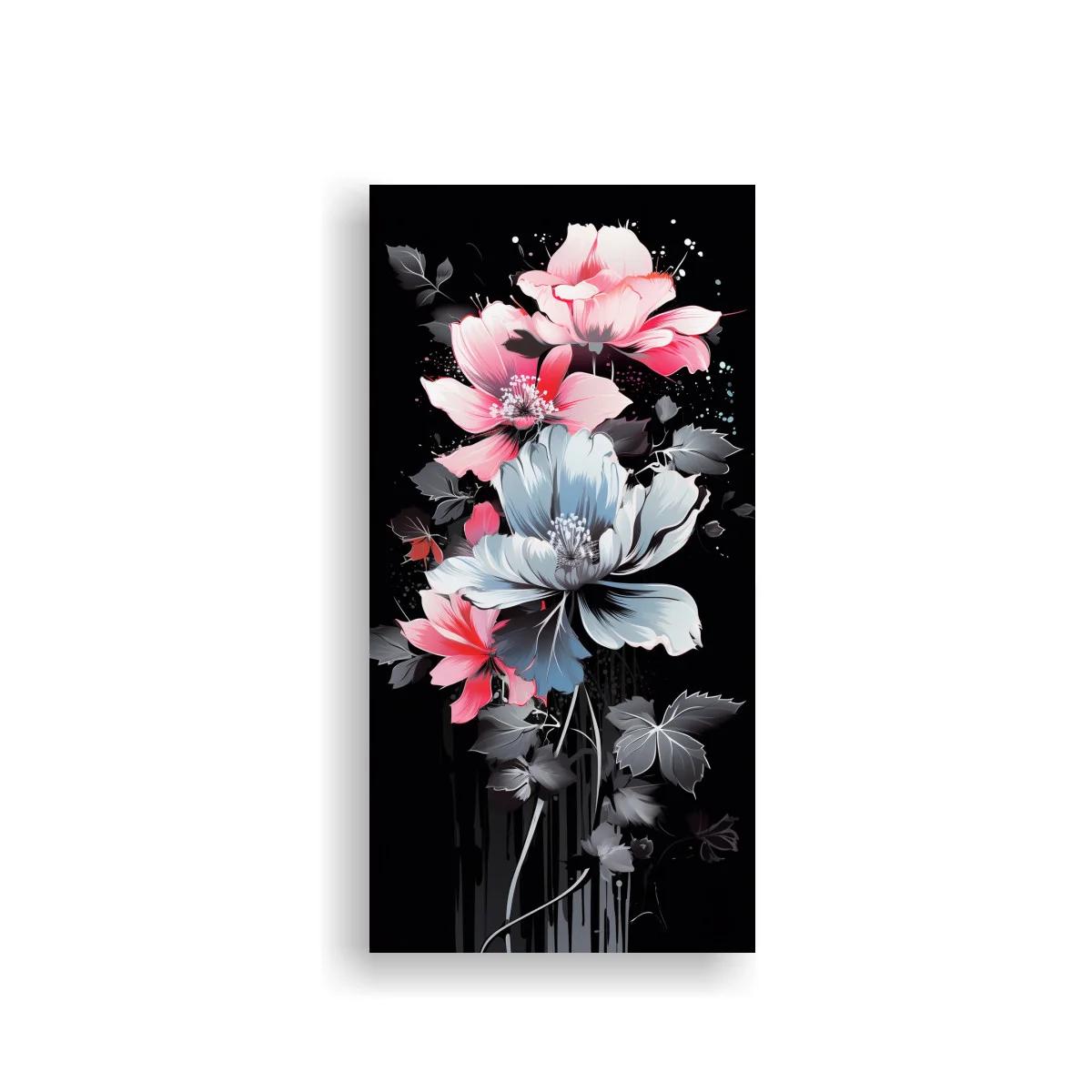Cuadro flores tipo magnolia en rosa y azul grisáceo con fondo negro