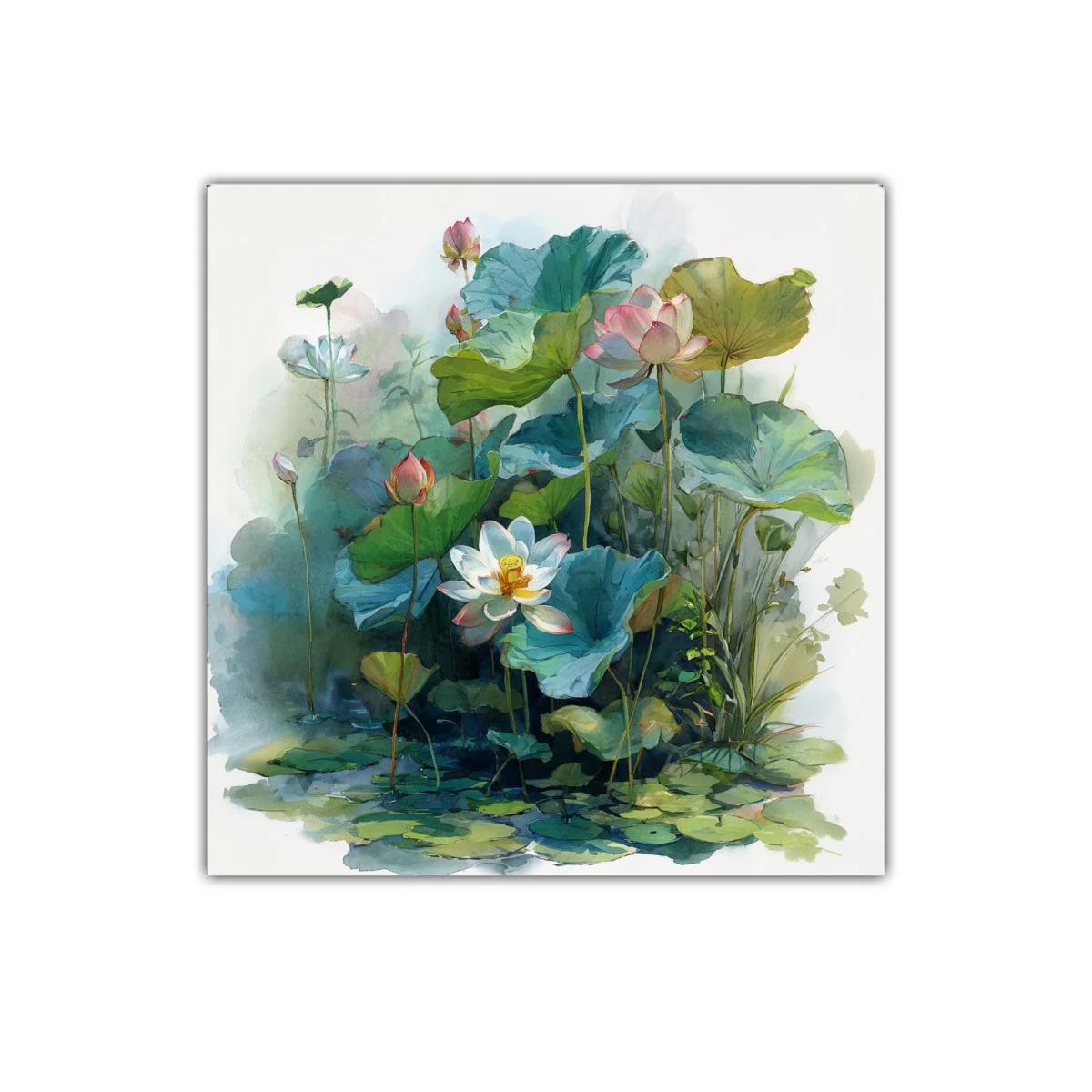 Cuadro decorativo con delicadas flores de loto y hojas verdes — imagen principal