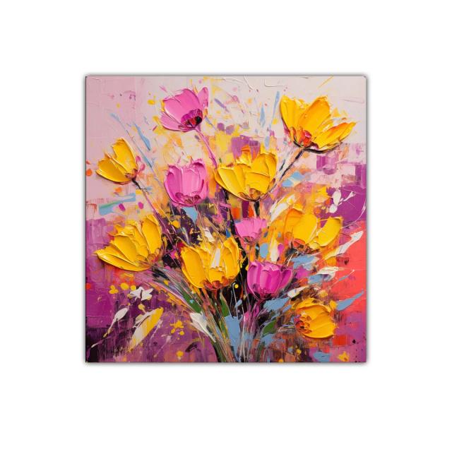 Cuadro floral vibrante con tonos amarillos y rosas intensos