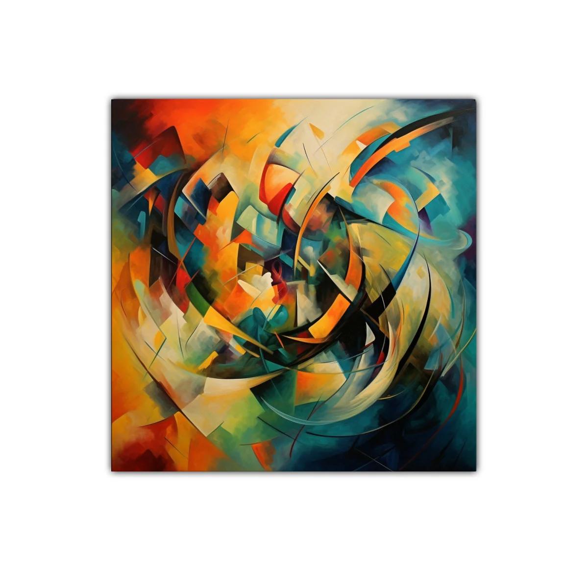 Cuadro abstracto con tonos cálidos y fríos en movimiento