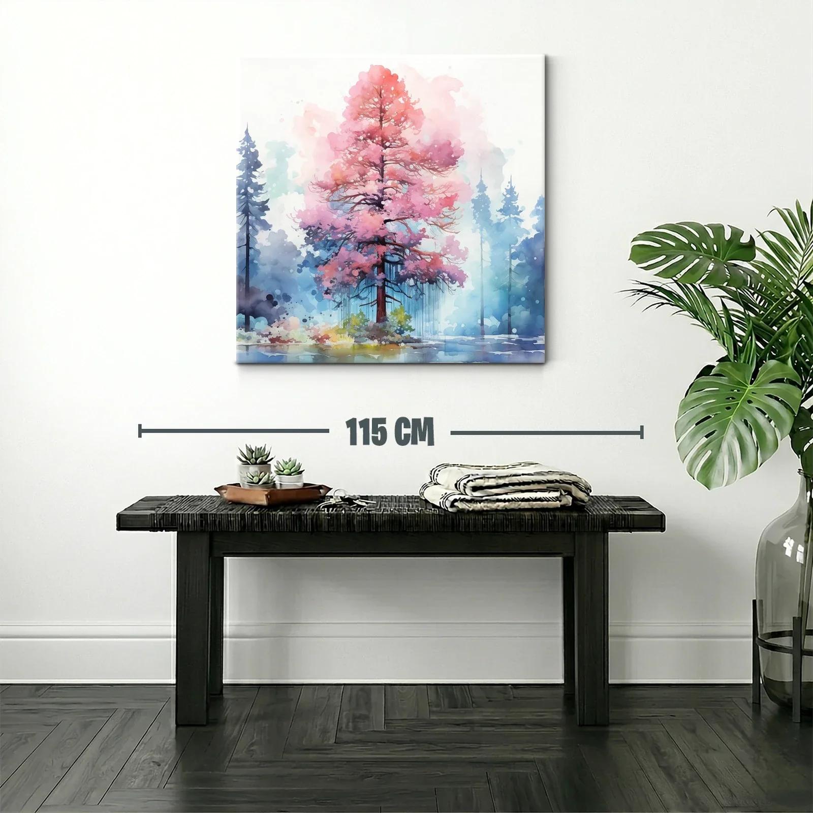 Árbol en tonos rosas vibrantes con fondo de bosque azul — miniatura 2