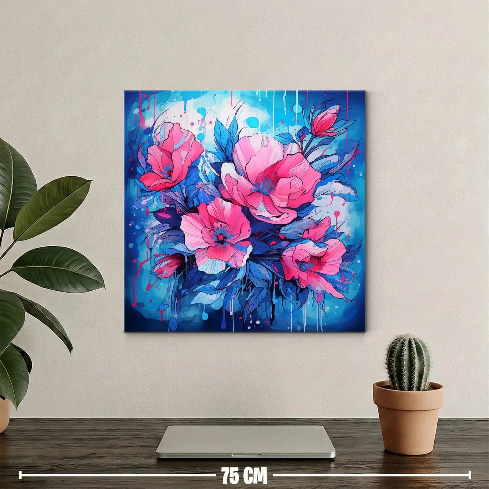Cuadro vibrante con flores rosas y azul eléctrico — miniatura 2
