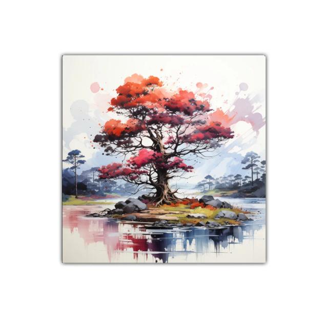 Árbol rojo vibrante en isla serena con reflejos de agua