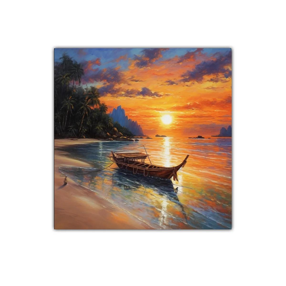 Atardecer sereno con barco en playa tropical — imagen principal