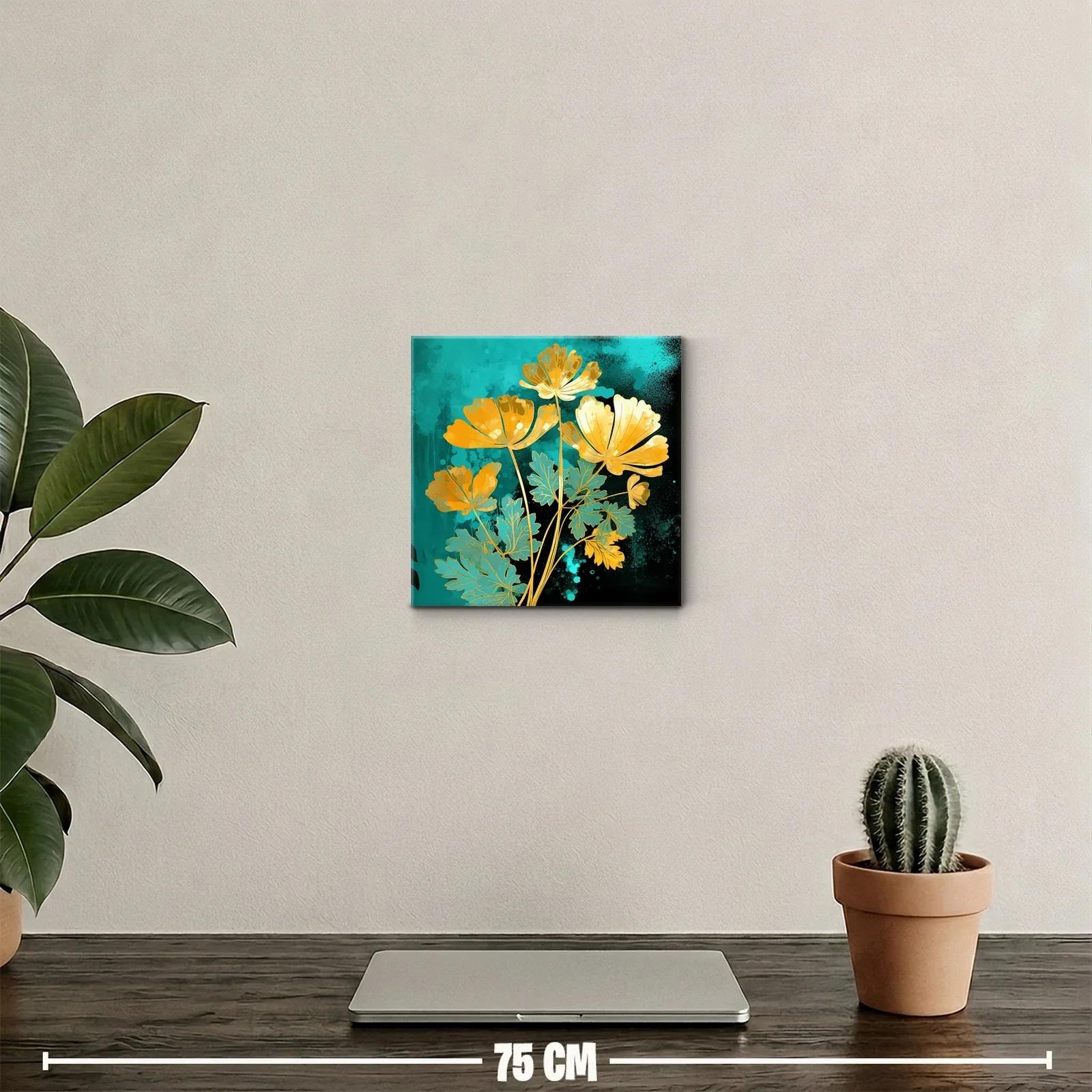 Cuadro floral en tonos dorados y verde azulado vibrante — miniatura 2