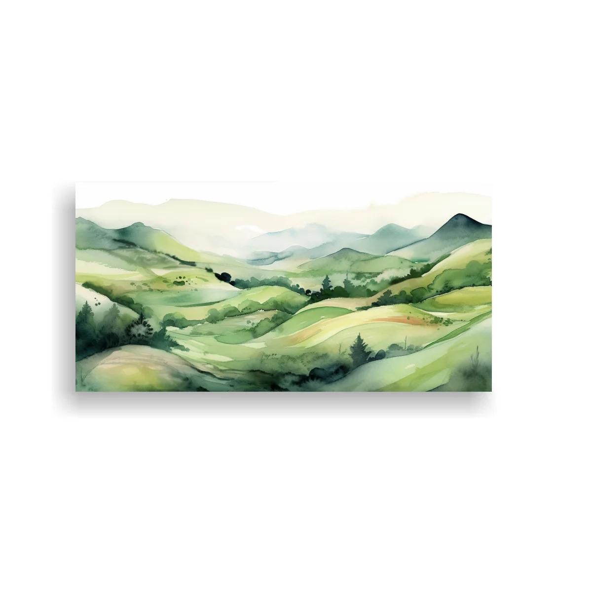 Cuadro paisaje de colinas verdes con bruma suave