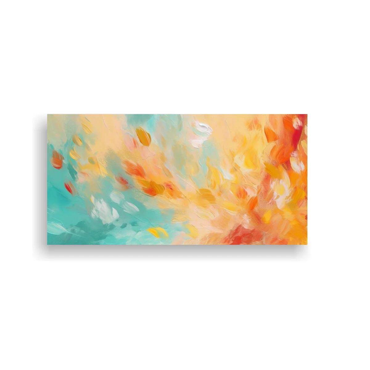 Cuadro abstracción en turquesa coral y dorado con gesto fluido