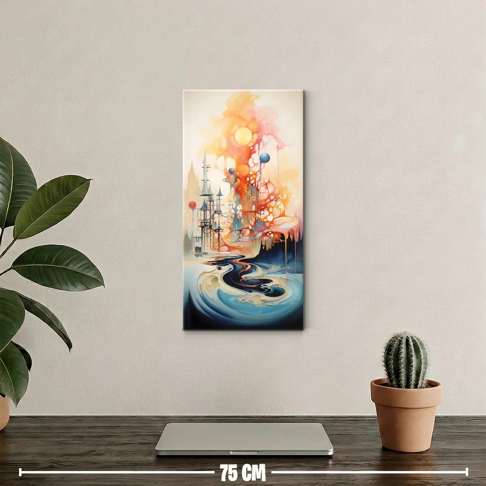 Cuadro ciudad fantástica abstracta con torres finas y río oscuro — miniatura 2