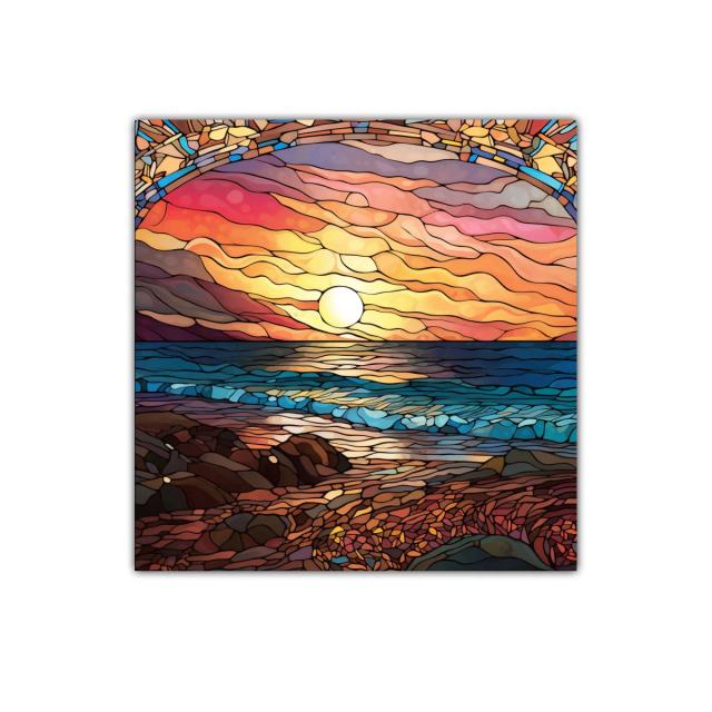 Puesta de sol sobre el mar con estilo vitral colorido
