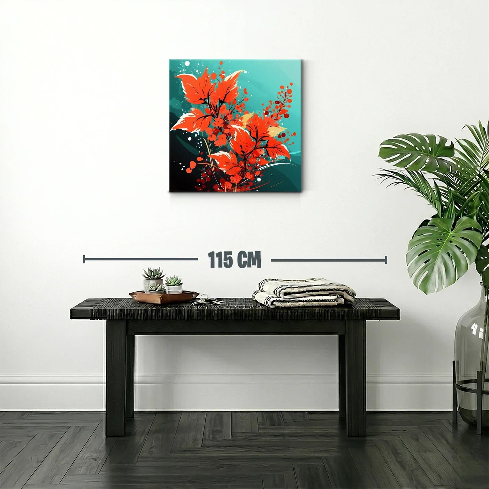 Cuadro moderno con hojas y flores en tonos rojos vibrantes — miniatura 2