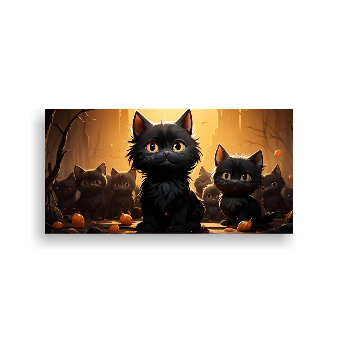 Cuadro gatito negro con calabazas y ramas desnudas