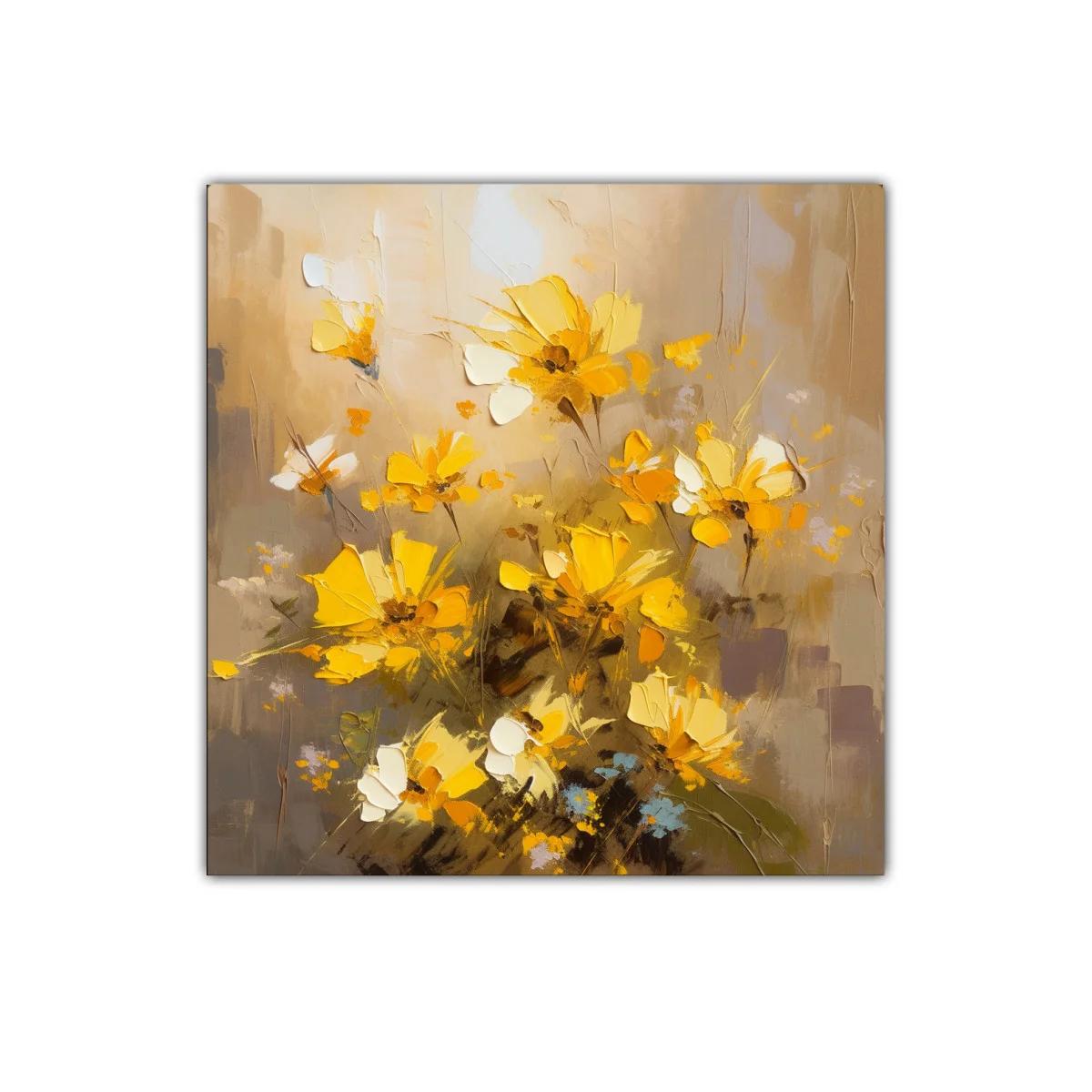 Cuadro con flores amarillas en tonos cálidos y terrosos