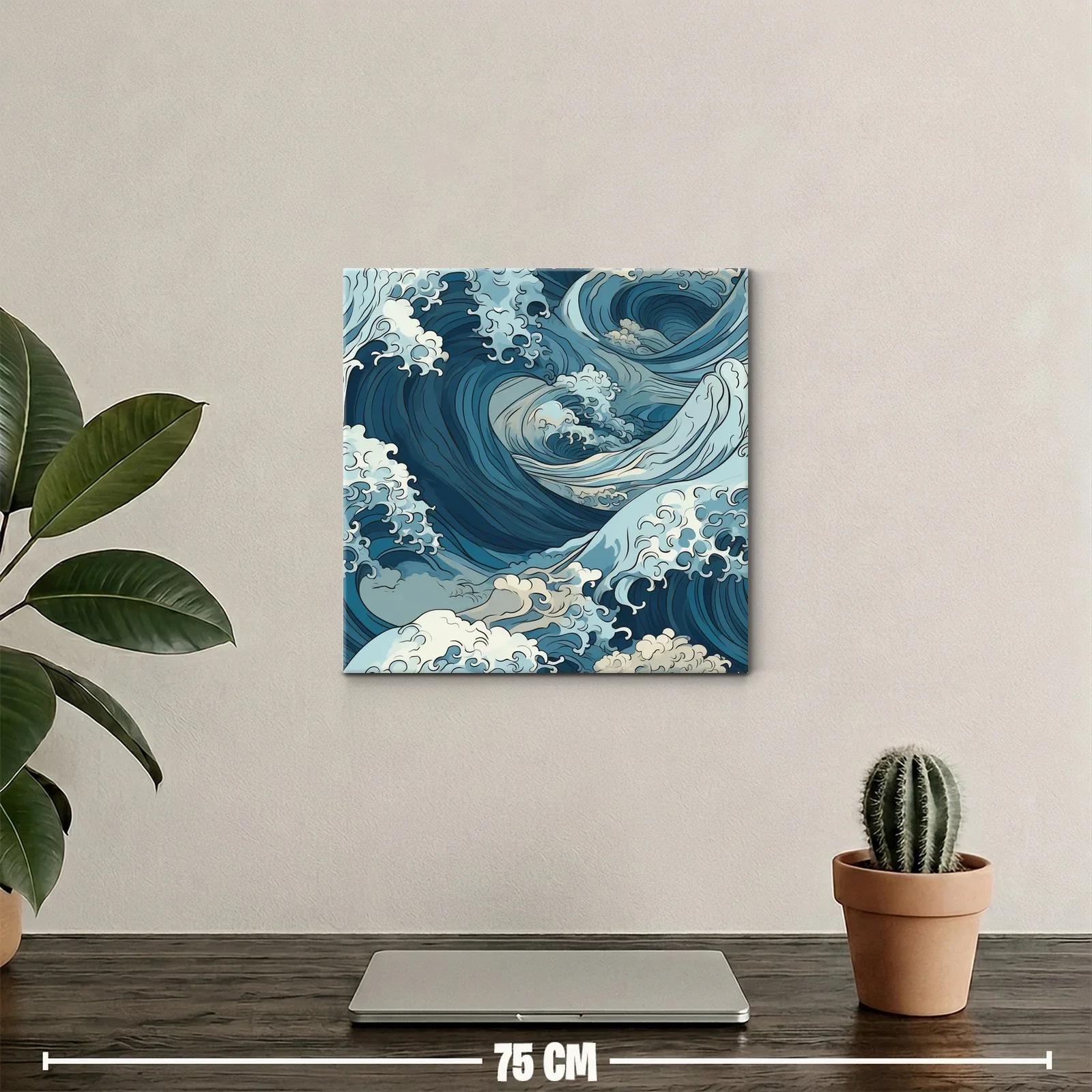Cuadro de olas dinámicas con tonos azules y crema — miniatura 2