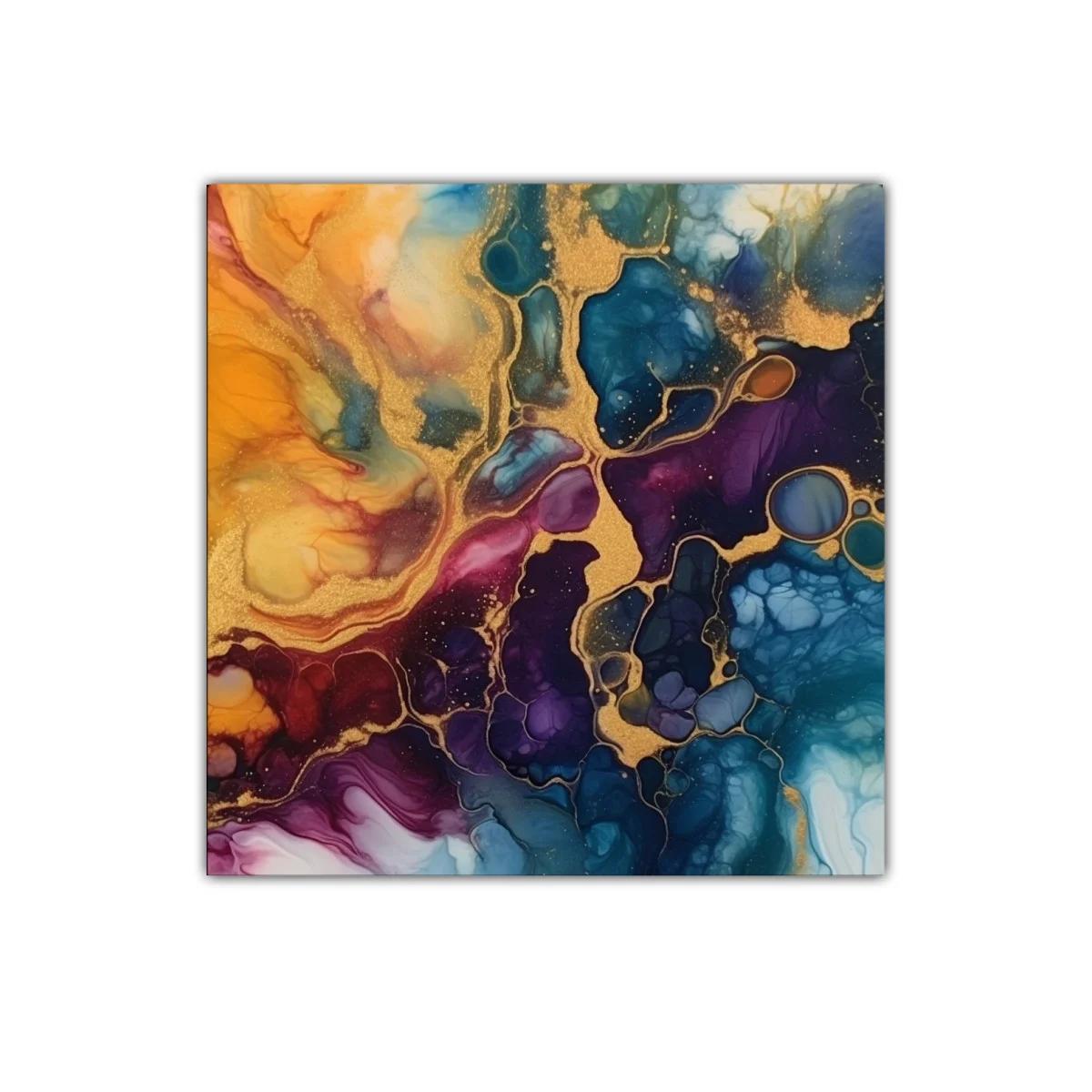 Cuadro abstracto con tonos dorados y azulados intensos