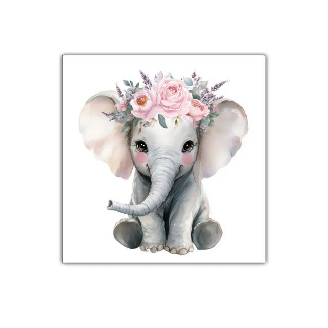 Cuadro elefante bebé con corona de flores rosa delicada