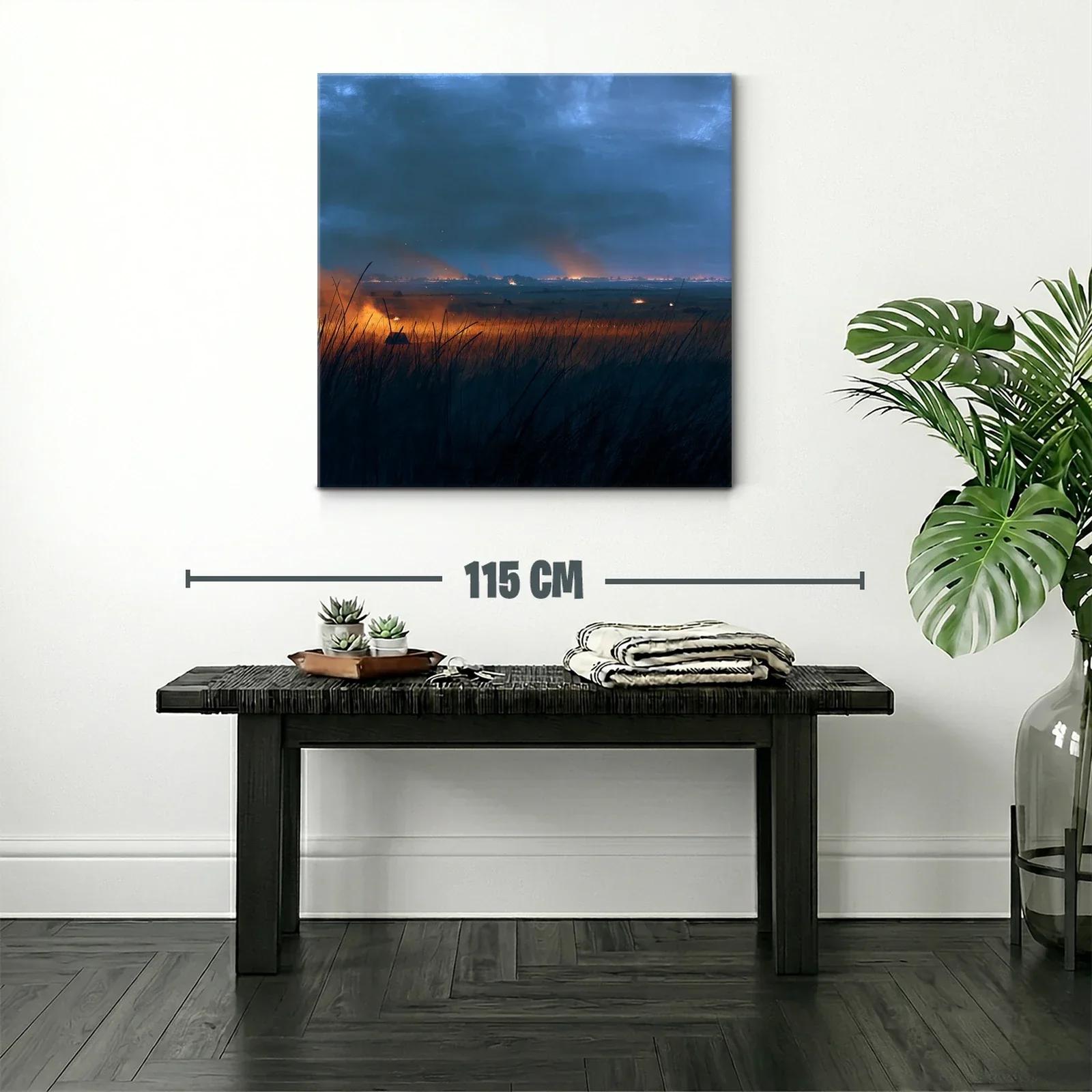 Atardecer en campos con llamas naranja y cielo azul oscuro — miniatura 2
