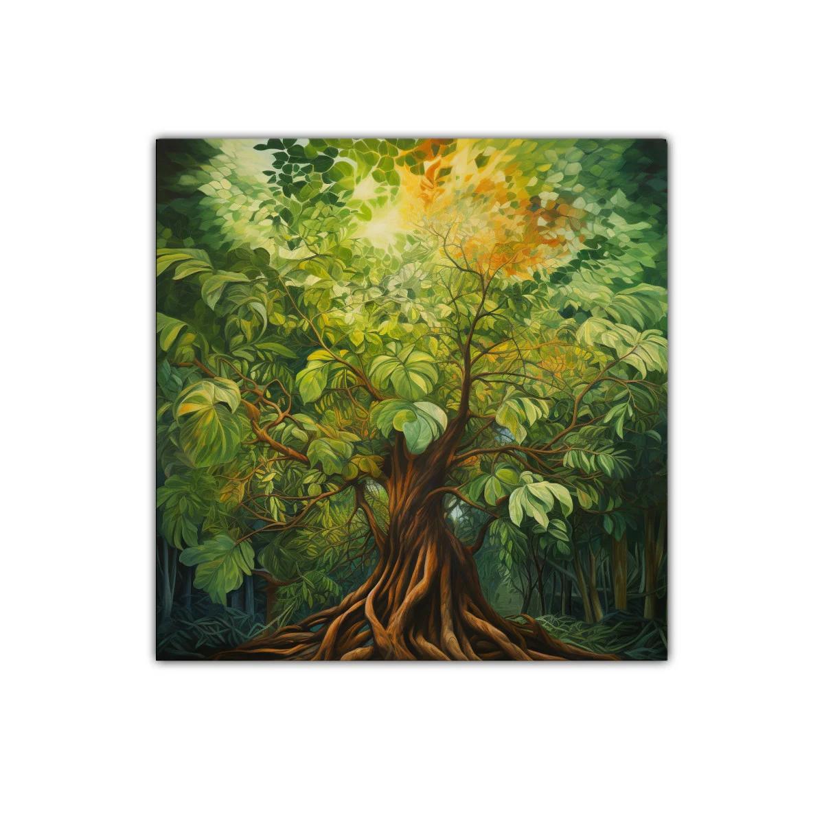 Majestuoso árbol en bosque con luz cálida y hojas verdes