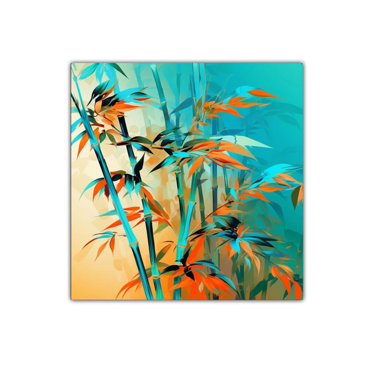 Cuadro decorativo con cañas y hojas en tonos turquesa y naranja — imagen principal