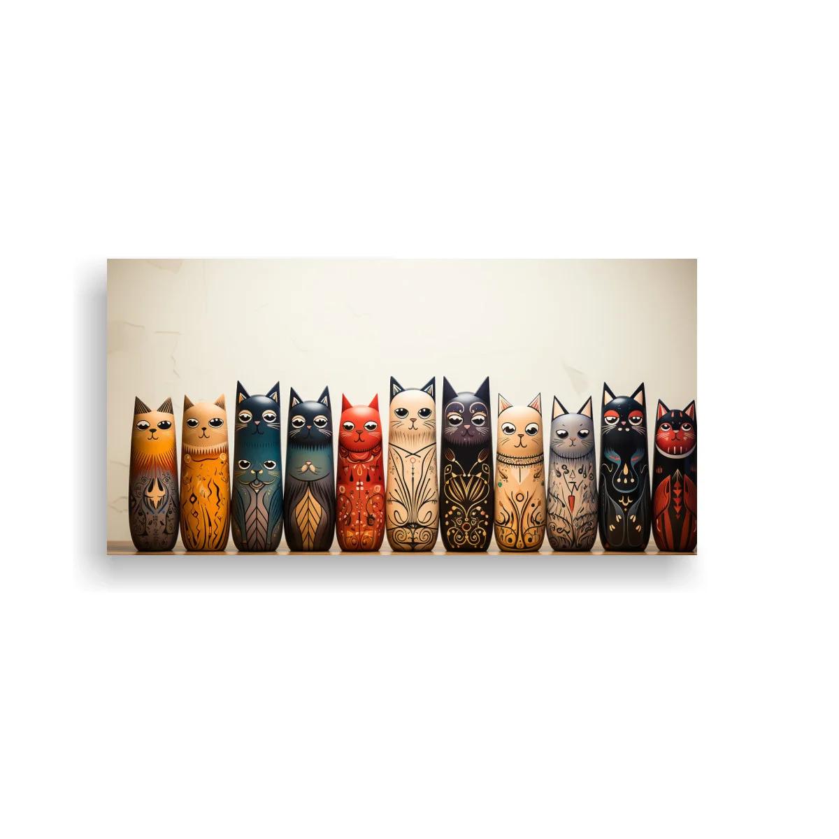 Cuadro fila de gatos decorativos con base de madera — imagen principal