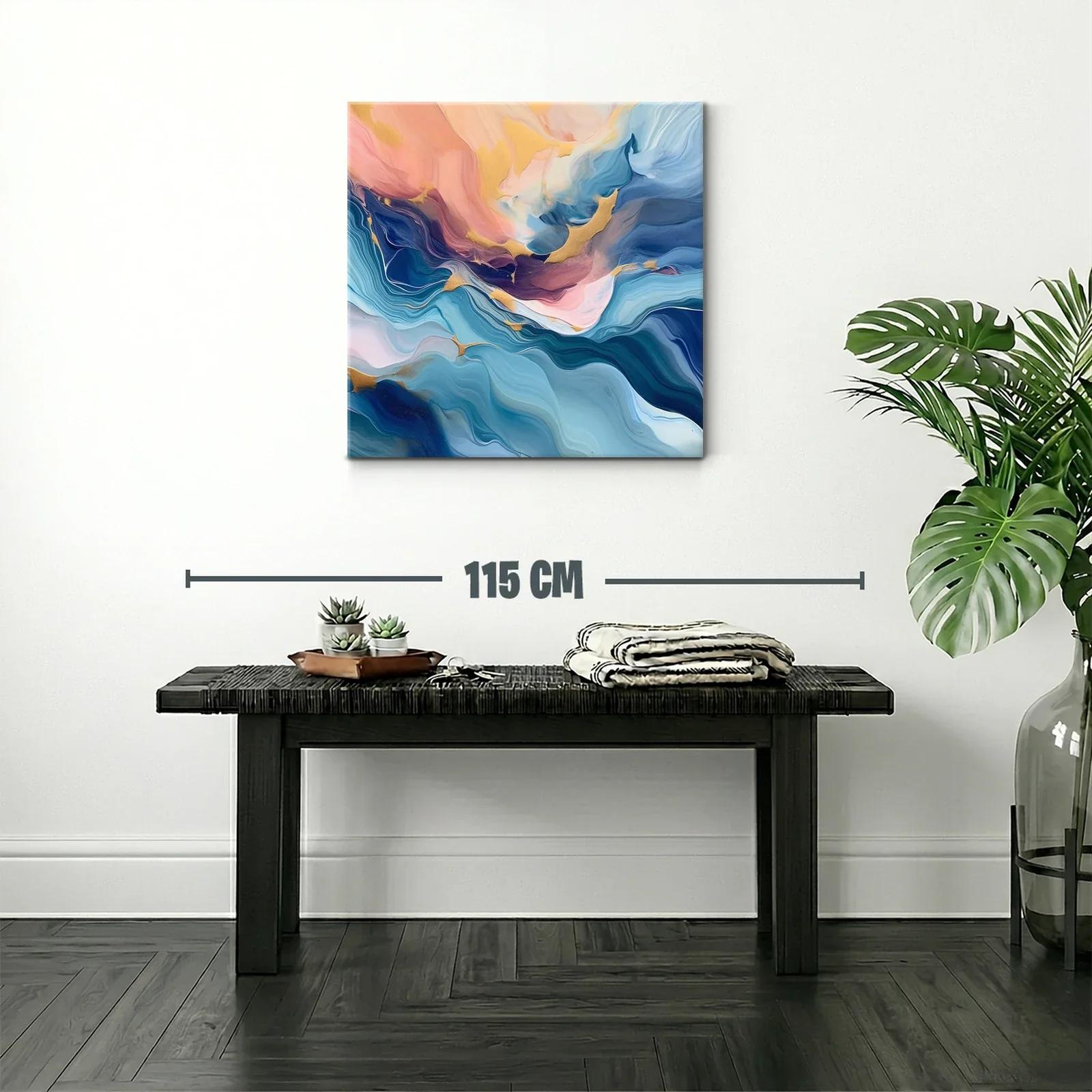 Cuadro abstracto en tonos azules y dorados con toques rosados — miniatura 2