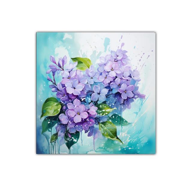 Cuadro decorativo con flores lilas y hojas verdes vibrantes