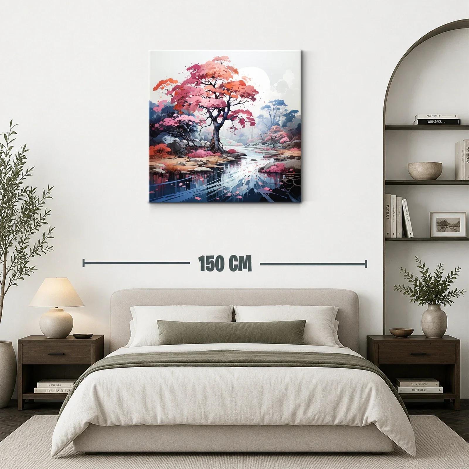 Paisaje sereno con árbol rosa junto a río reflejante — miniatura 3
