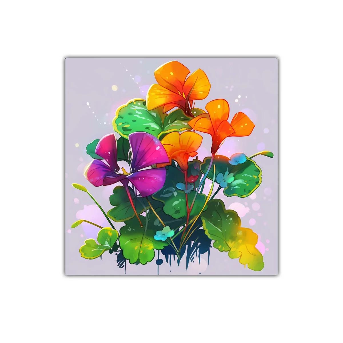 Cuadro floral vibrante con tonos naranjas y púrpuras