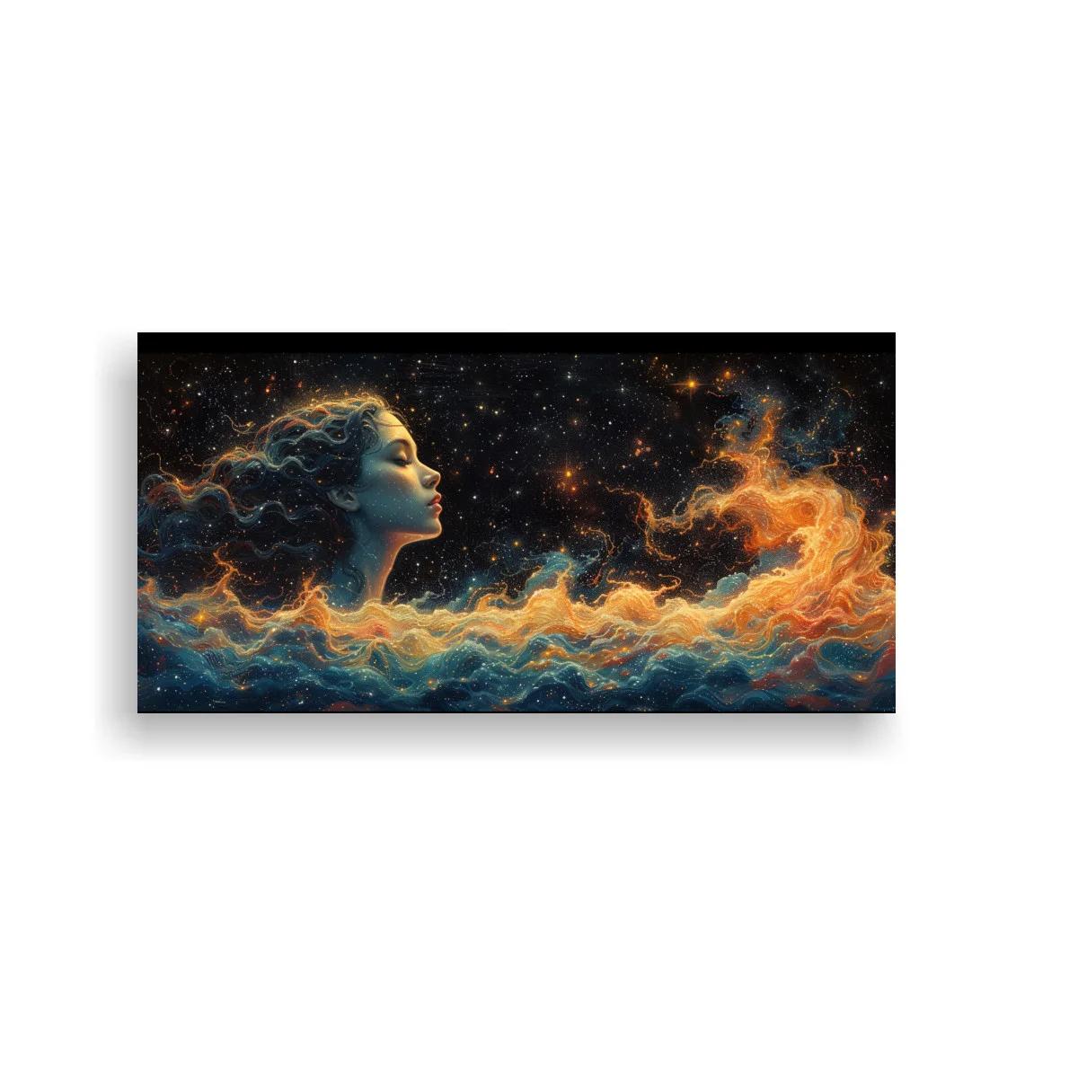 Cuadro rostro femenino de perfil entre nubes cósmicas
