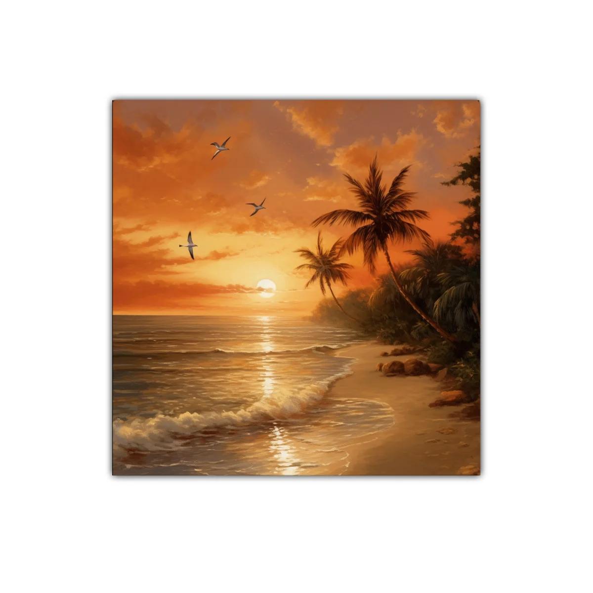 Atardecer tropical con palmeras y vuelo de aves sobre la playa — imagen principal