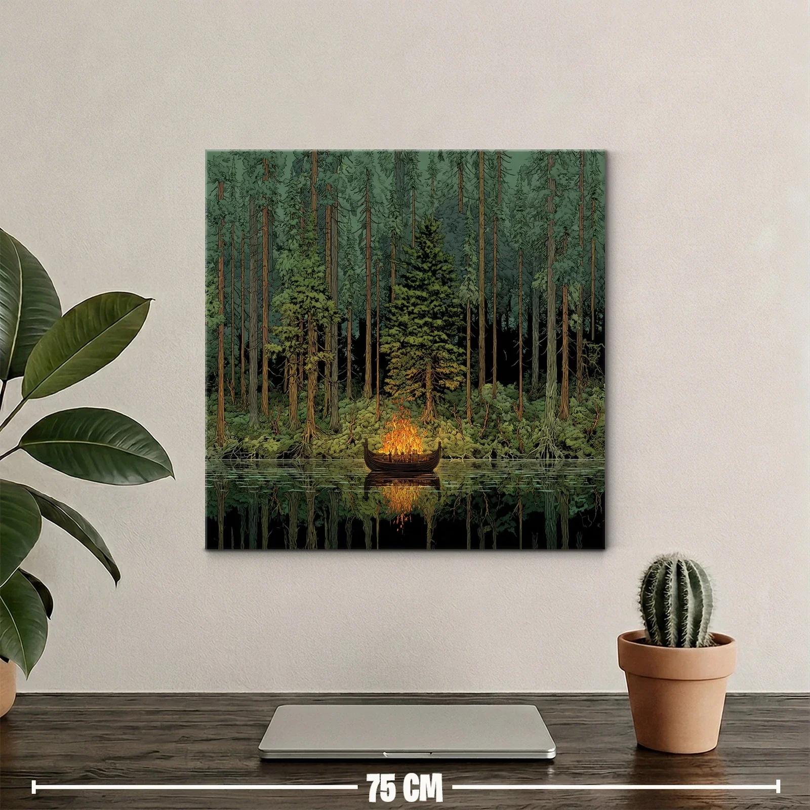 Bosque profundo con barca en fuego sobre agua tranquila — miniatura 2