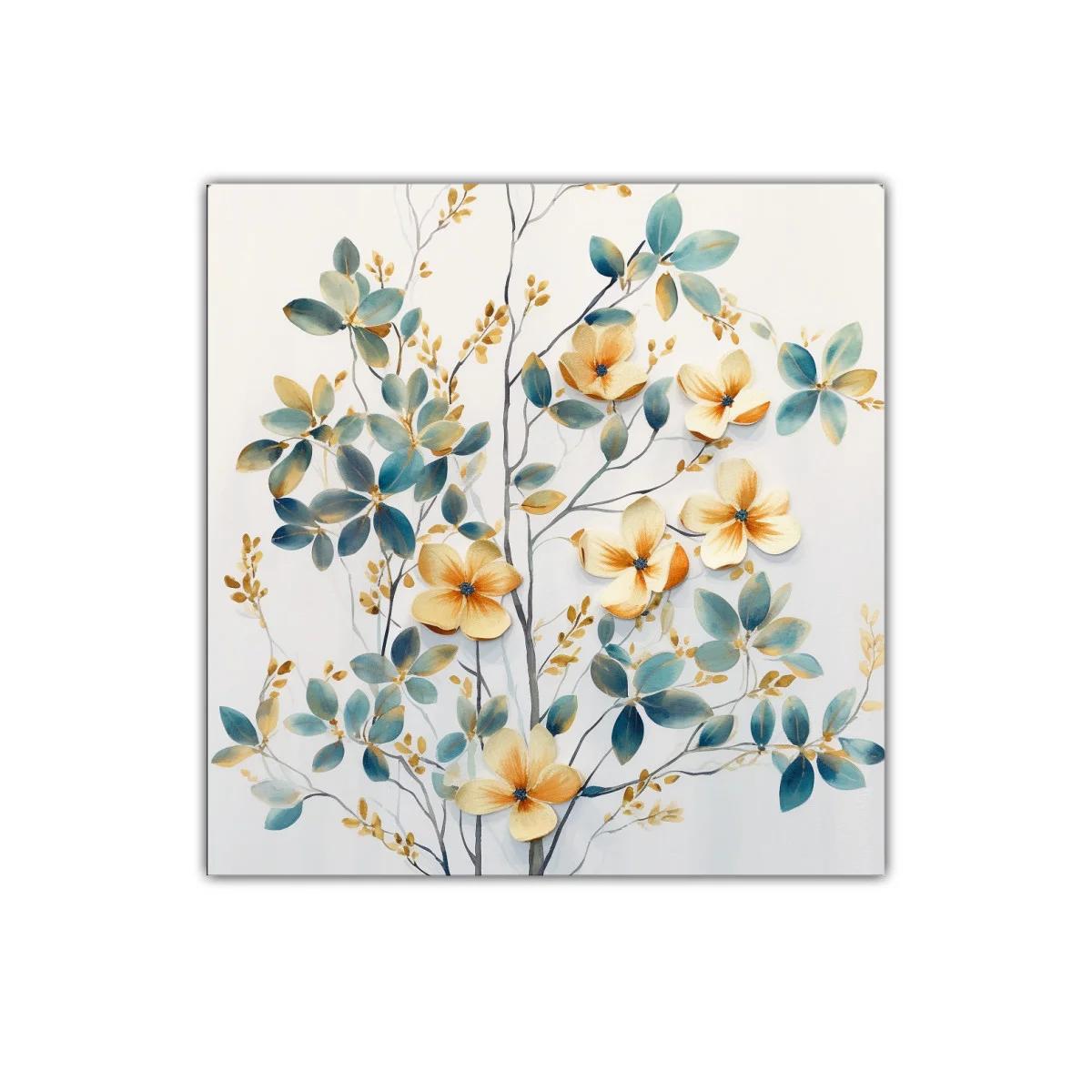 Cuadro decorativo con flores y hojas en tonos azules y dorados