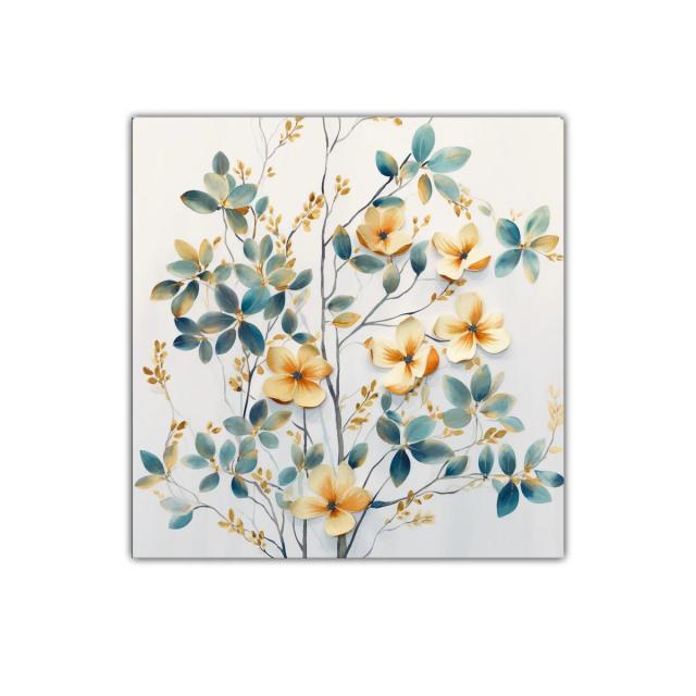 Cuadro decorativo con flores y hojas en tonos azules y dorados