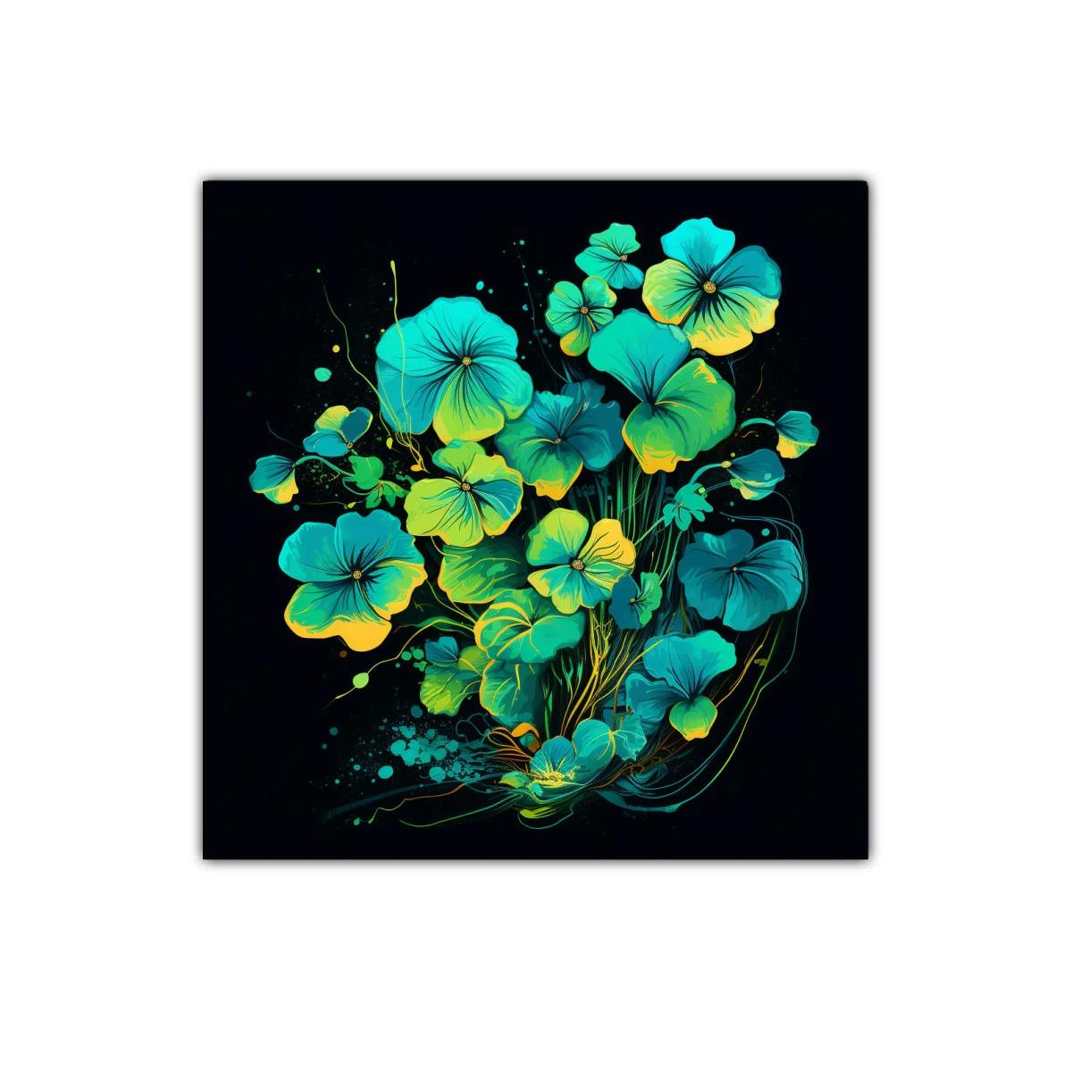 Cuadro decorativo con flores vibrantes en tonos turquesa y amarillo