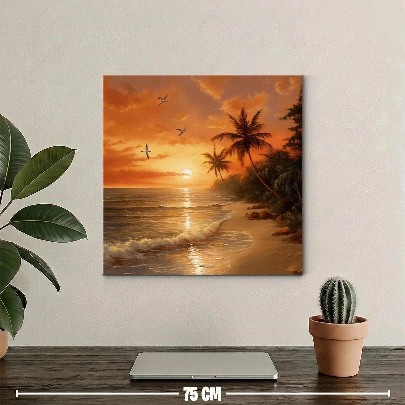 Atardecer tropical con palmeras y vuelo de aves sobre la playa — miniatura 2