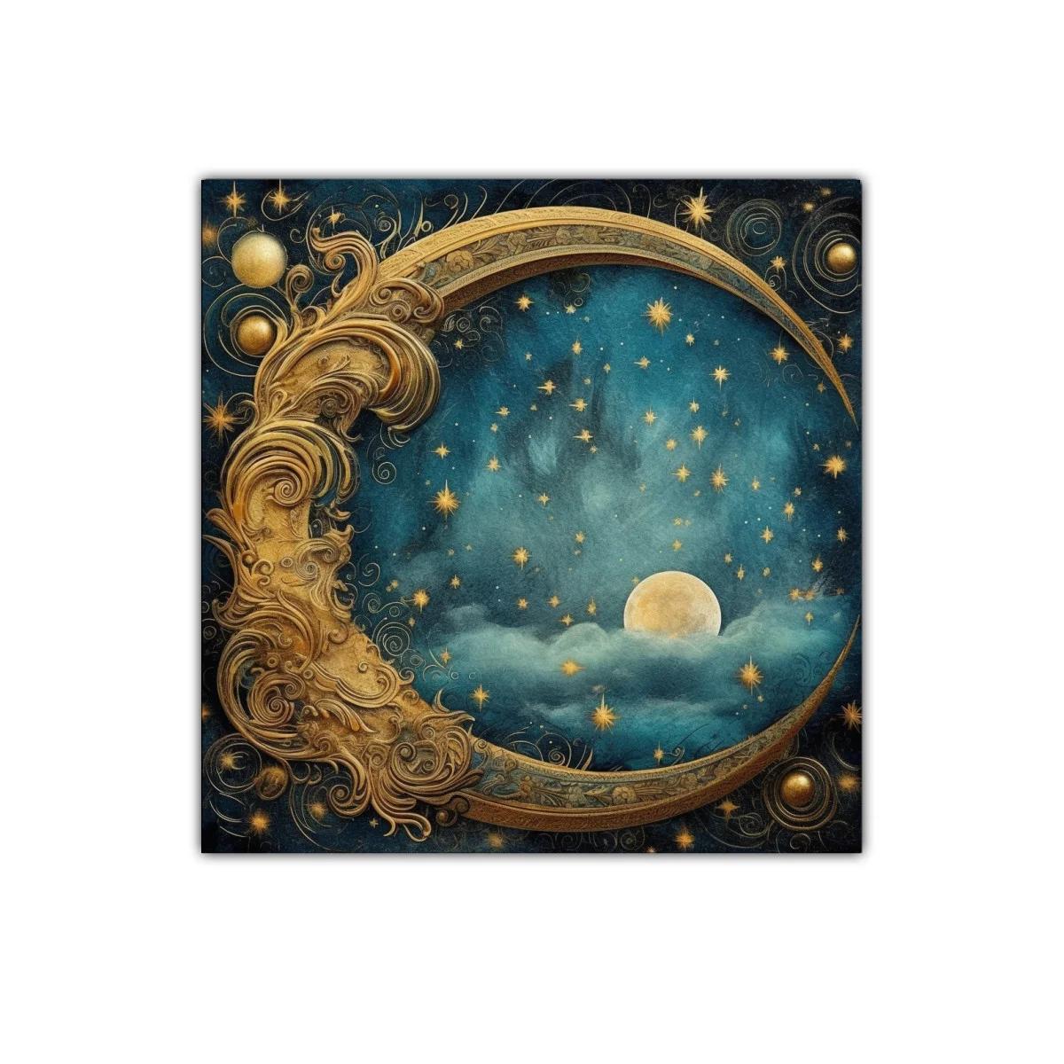Luna Dorada entre Estrellas en Cielo Nocturno Azul Profundo
