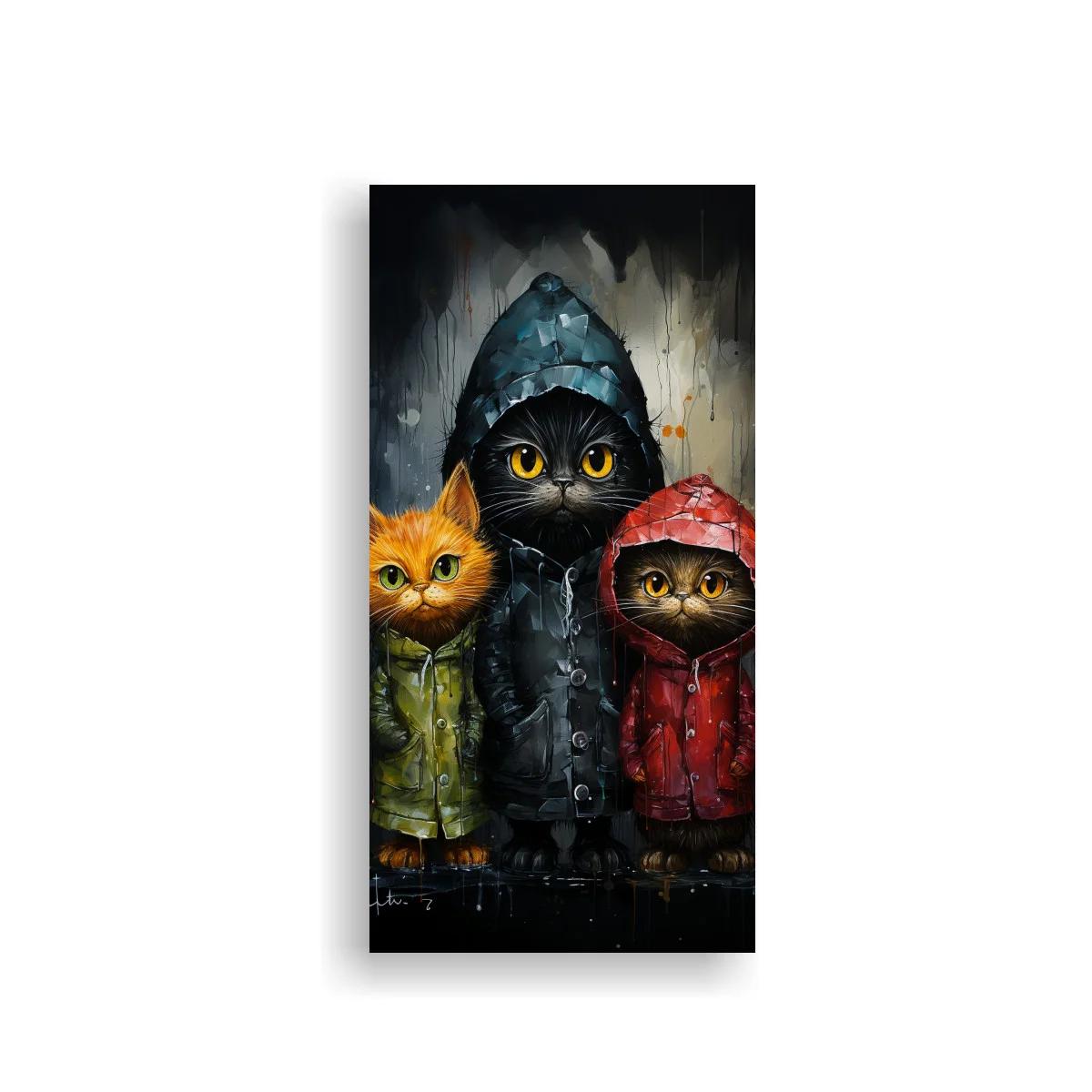 Cuadro tres gatos con impermeables y gotas de pintura — imagen principal