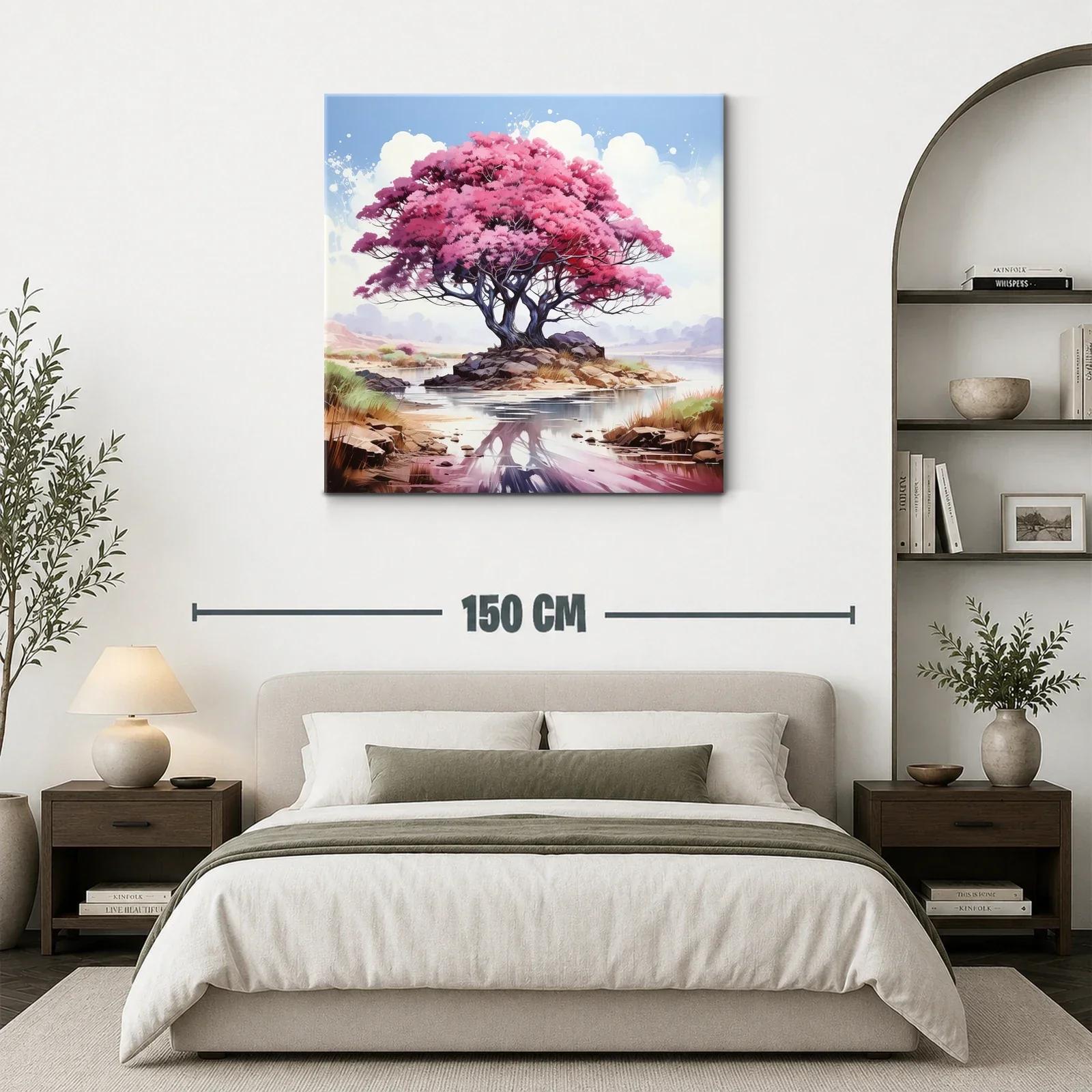Árbol rosa reflejado en un lago sereno y tranquilo — miniatura 3