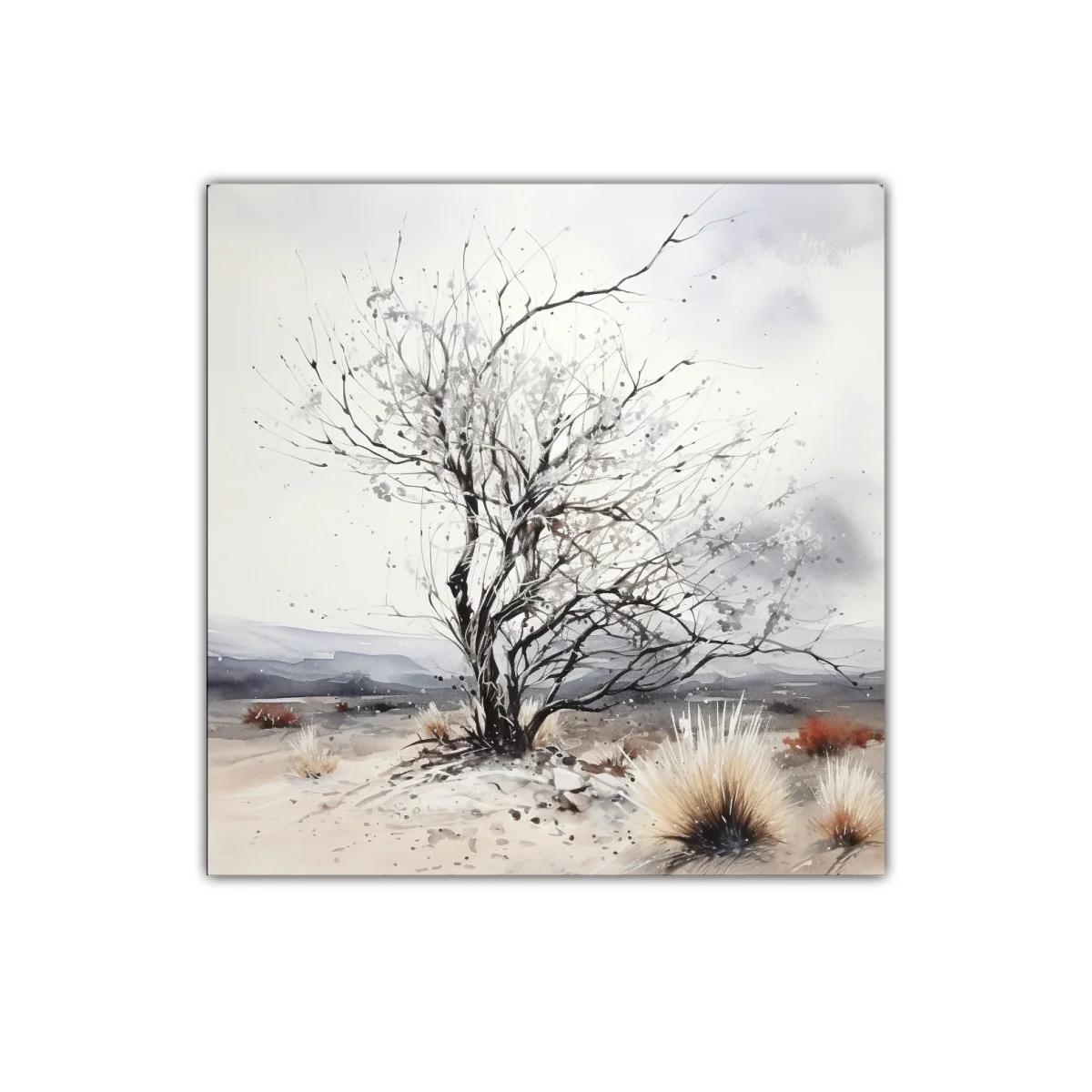Paisaje minimalista con árbol y arbustos en tonos neutros