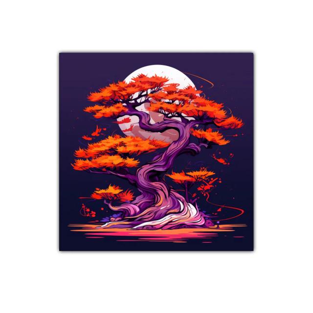 Árbol Bonsái en tonos vibrantes contra luna llena