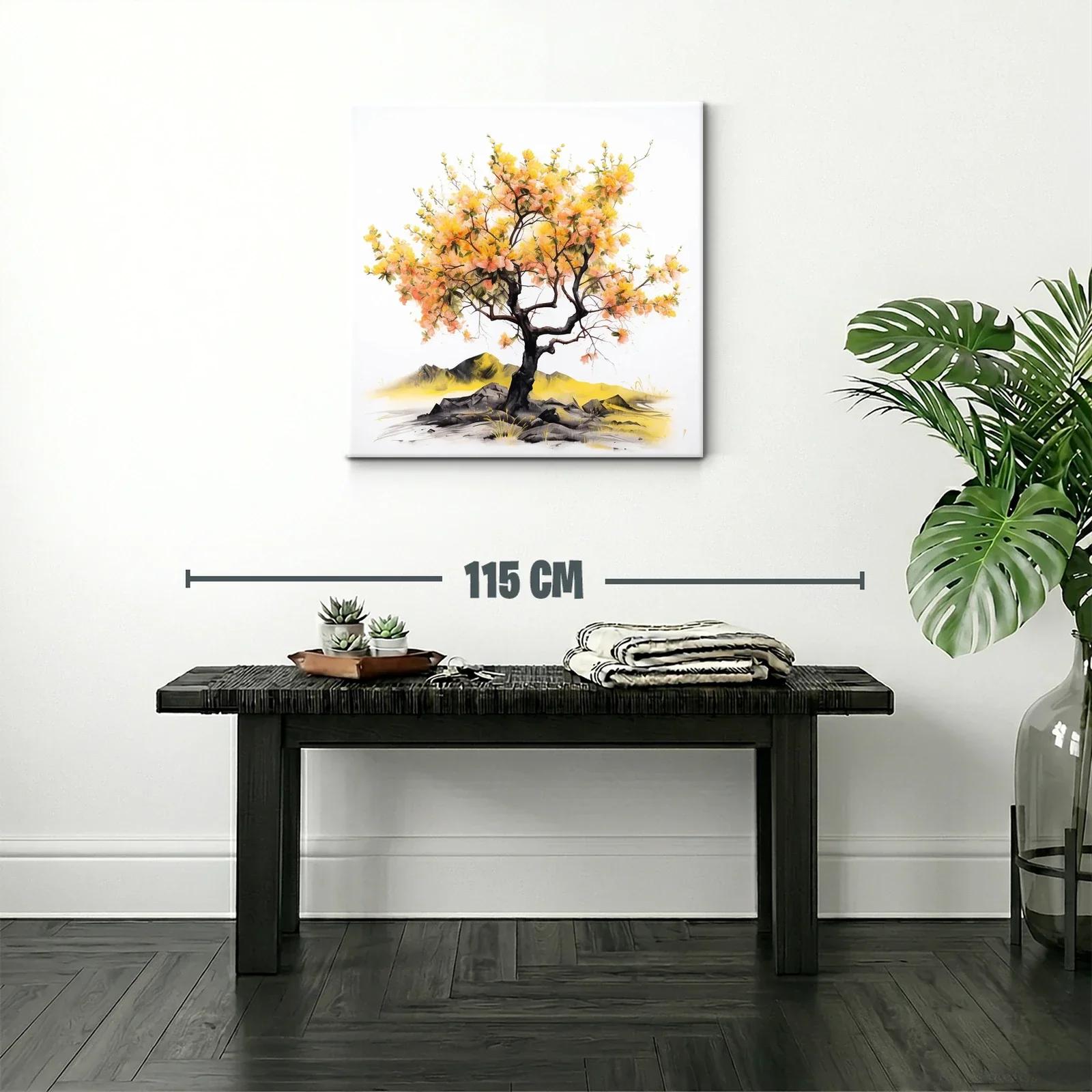 Arbol con flores amarillas y naranjas sobre rocas y paisaje — miniatura 2