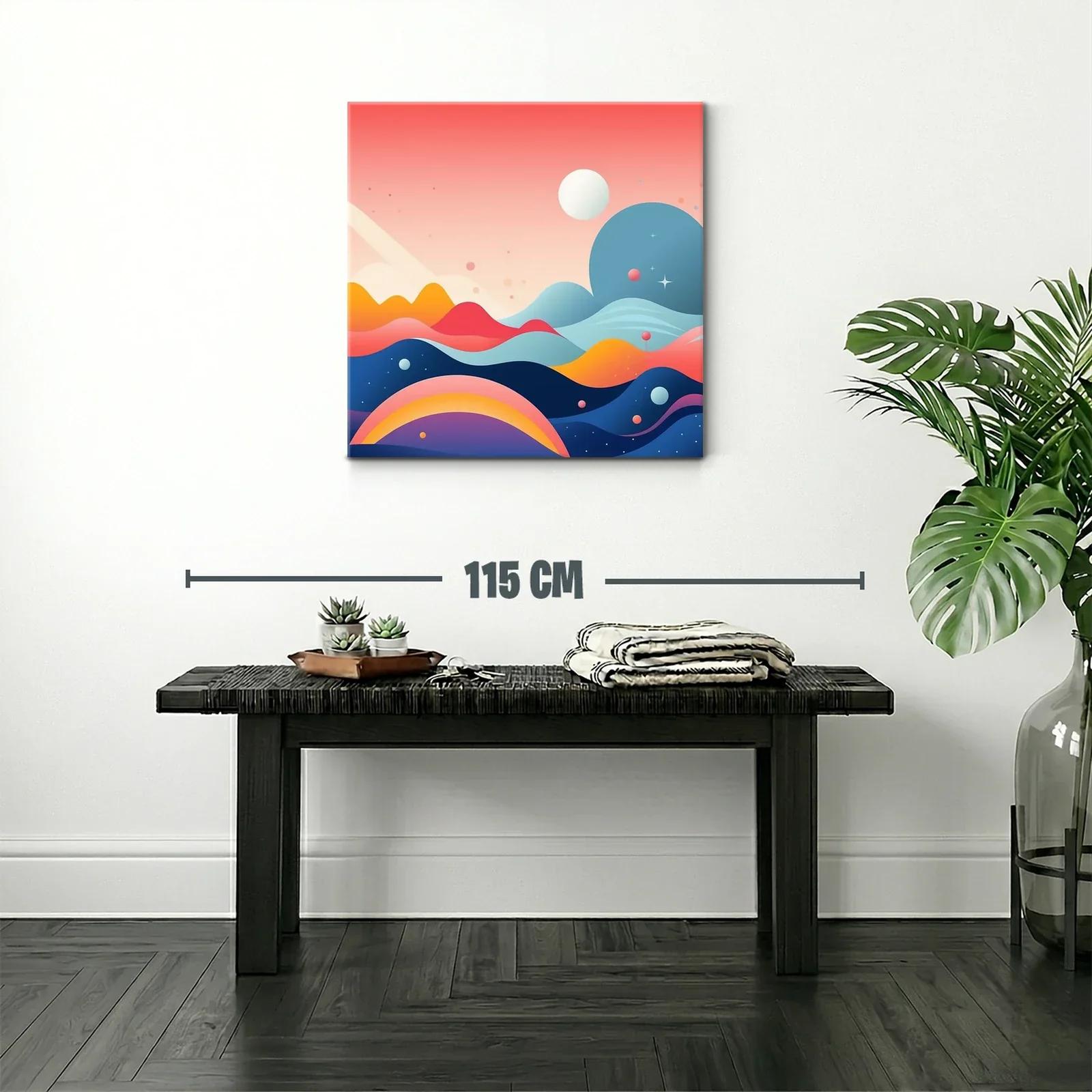 Cuadro abstracto con montañas y planetas en tonos vibrantes — miniatura 2