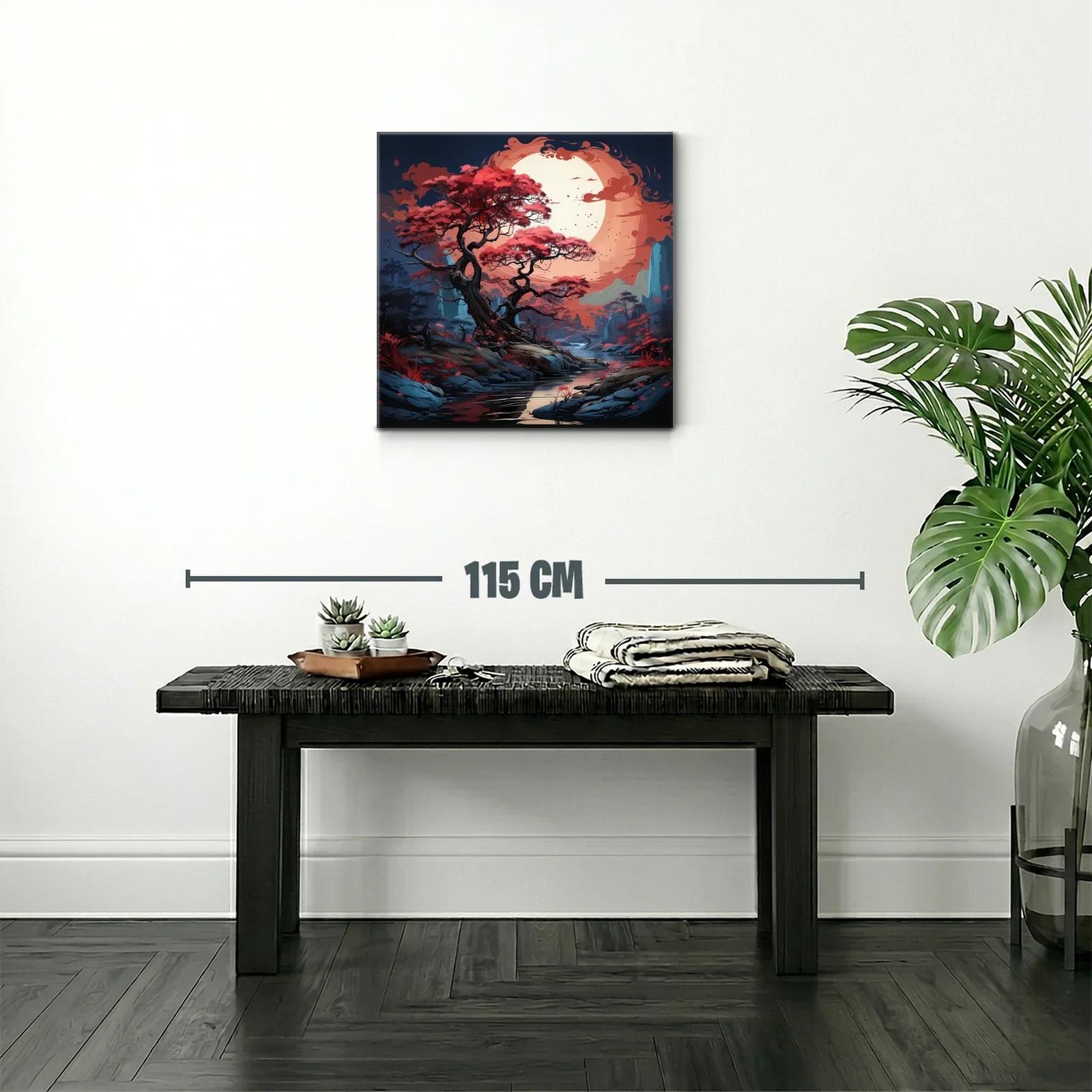 Paisaje mágico con árbol rojo bajo una luna enorme — miniatura 2